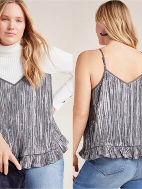 NWT $98 Anthropologie Gray Amelie Beaded Adjustable Pleated Ruffled Hem Cami 14